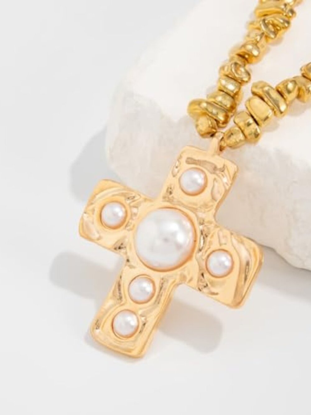 🆕 Gold Chunky Cross Necklace for Women Pearl Cross Pendant Necklace Statement
